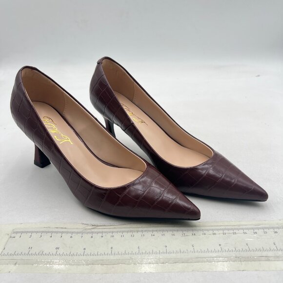 FOWT Brown Solid Croc-Embossed Pointed Toe Women Dressy Slip on MId Heels Pumps - Picture 4 of 8